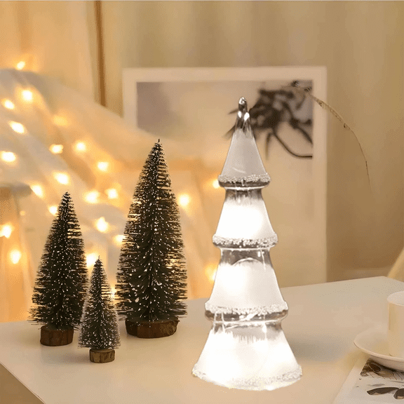 Lighted Glass Christmas Tree, Battery Operated Tabletop Decor, White