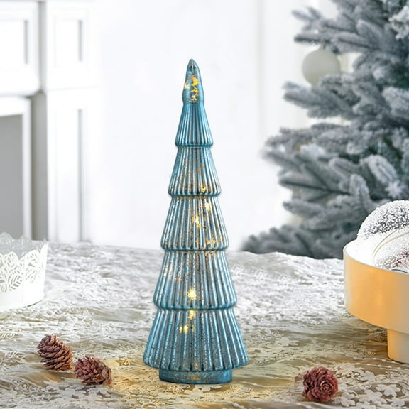 Lighted Glass Christmas Tree, Tabletop Small Glass Tree with Lights, Built-in Batteries Operated Christmas Nightlight Xmas Decor for Table Fireplace Centerpiece Party Ornament