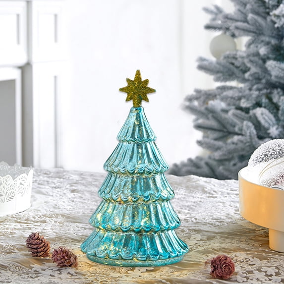 Lighted Glass Christmas Tree, Tabletop Small Glass Tree with Lights, Built-in Batteries Operated Christmas Nightlight Xmas Decor for Table Fireplace Centerpiece Party Ornament