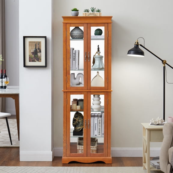 Lighted Glass Curio Cabinet with Wood Frame - Six-Tier Display Case for Wine Bottles, Collectibles and Toys - Adjustable Shelves with Built-In Lighting for Living Room, Kitchen or Pantry