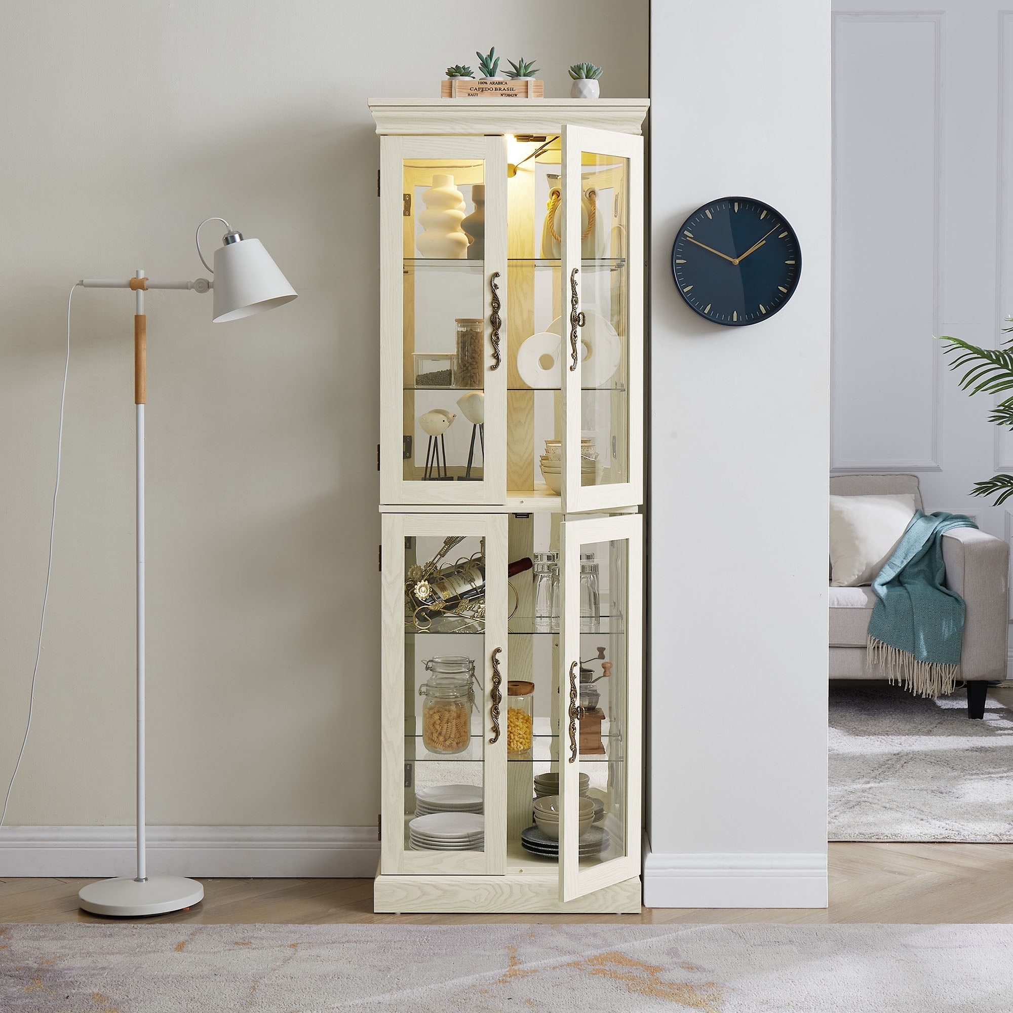 Lighted Glass Curio Display Cabinet,Display Cabinet,Glass Storage Cabinet Glass Wine cabinet Wood Frame Toy Display for Living Room, Kitchen, Pantry light bulb included Light oak