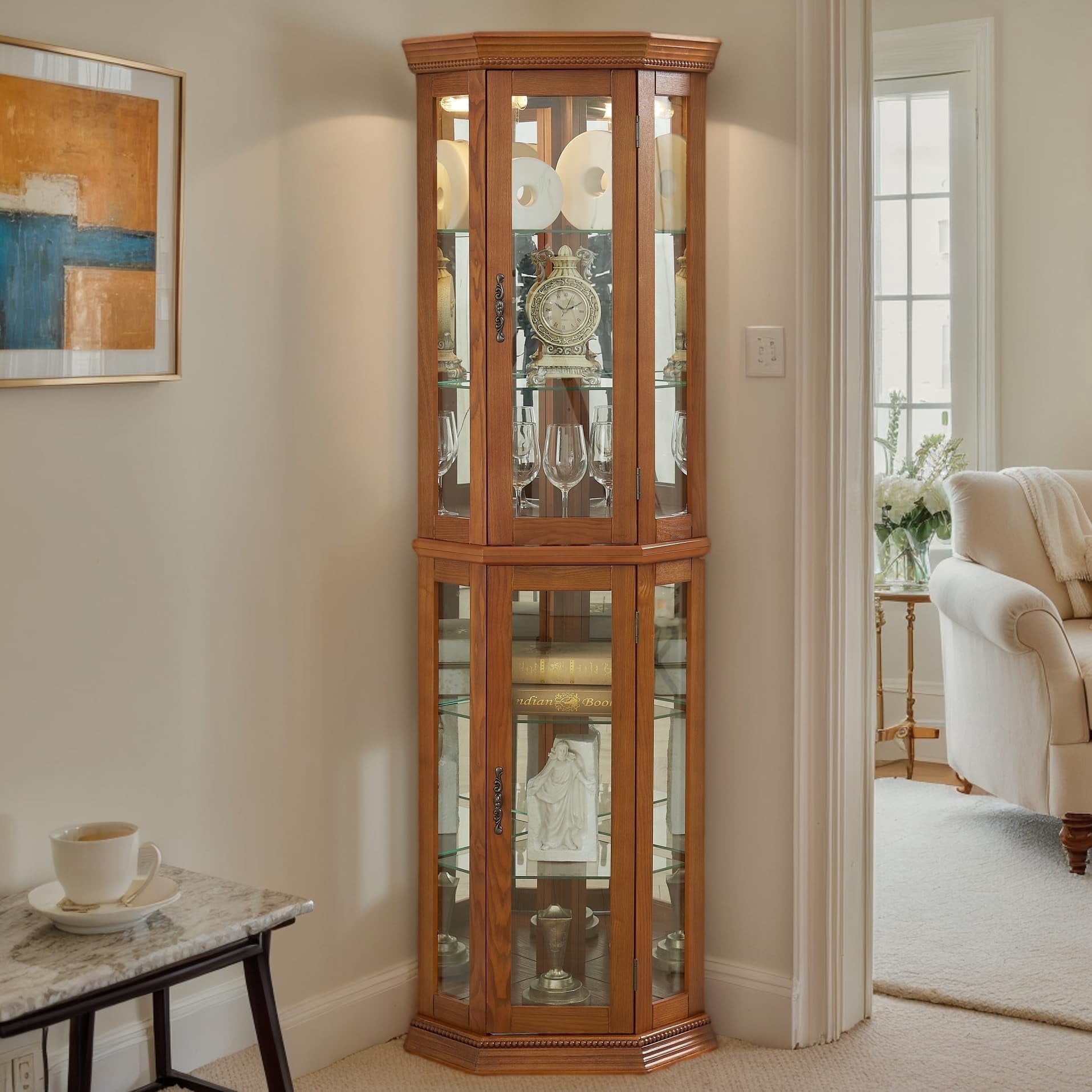 CKEASEAN Corner Curio Cabinet with Light Bulb, Tempered Glass Doors