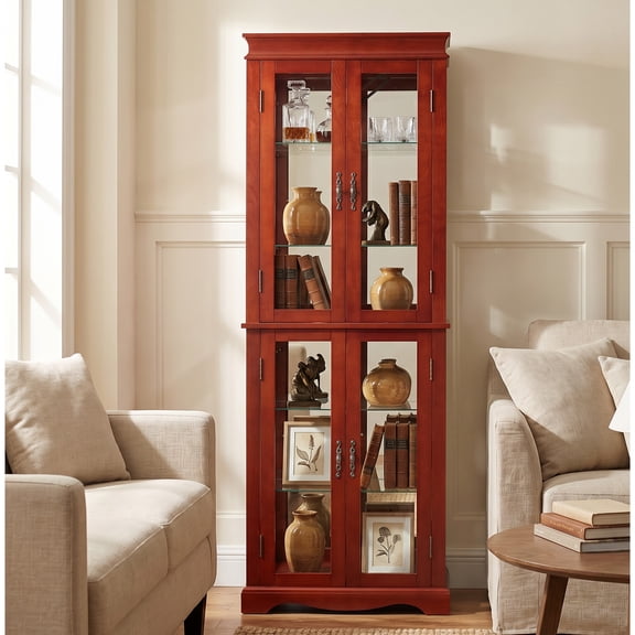 Lighted Glass Display Curio Display Cabinet for Living Room, Kitchen, Pantry light bulb included - Cherry