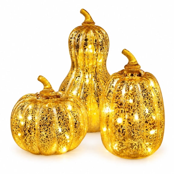Lighted Glass Pumpkins with Timer, Set of 3 LED Gold Mercury Glass Figurines for Fall and Thanksgiving Home Table Centerpiece Decorations
