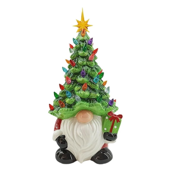 Lighted Gnome Christmas Tree Decor, Resin Prelit Xmas Tree for Tabletop Home Room Fireplace Office