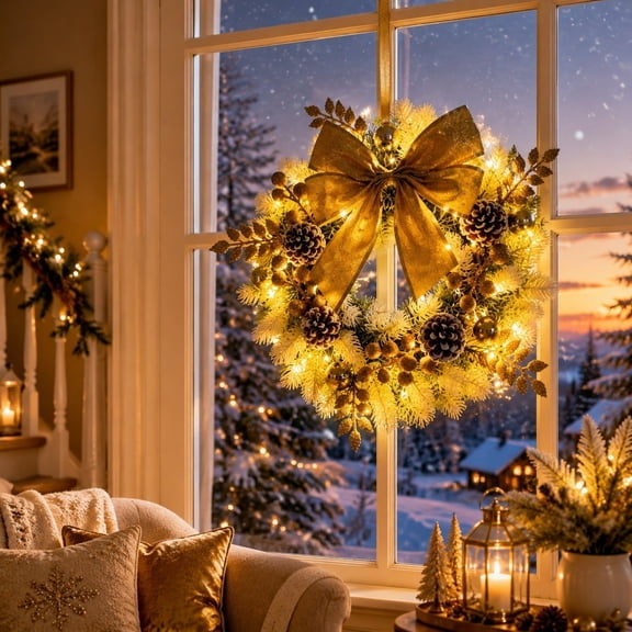 Lighted Gold Christmas Wreath With LED Lights, Gold Christmas Wreath With Lights And Bows, 40Cm Lit Artificial Wreath Front Door Hanging Holiday Decor For Xmas Wedding Party