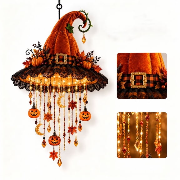 Lighted Halloween Chandelier, Hanging Porch Decorations with Lights Set of 1, Cascading warm lights with Witch Hat designs create a striking porch display for Halloween Decor nights.