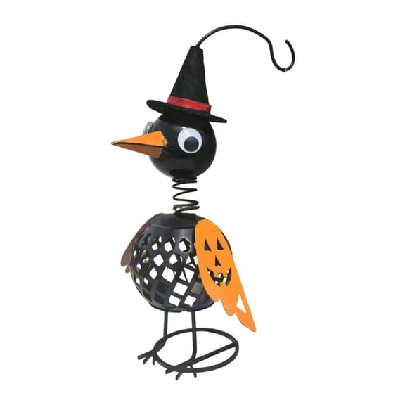 Lighted Halloween Crow Pumpkin Lantern Decor, Wrought Iron Bird Statue with Hanging Bat, Witch Hat Table Ornament for Indoor Covered Porch Fall Party