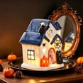 thumbnail image 1 of Lighted Halloween Decorations, Lighted Halloween Village Houses with LED Lights, Ceramics Spooky Town Happy House Ornament for Home and Party Table Desk Mantel(Blue), 1 of 7