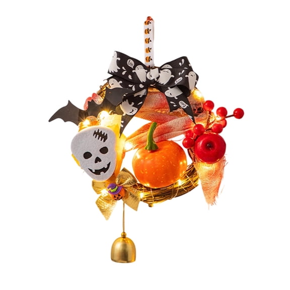 Lighted Halloween Front Door Wreath with Warm LED Lights,Rattan Wreath with Pumpkin Ghost Bat Skull,Battery Spooky Hanger,Indoor Outdoor Halloween Decor for Mantel Trick Or Treat Farmhouse Party Gift