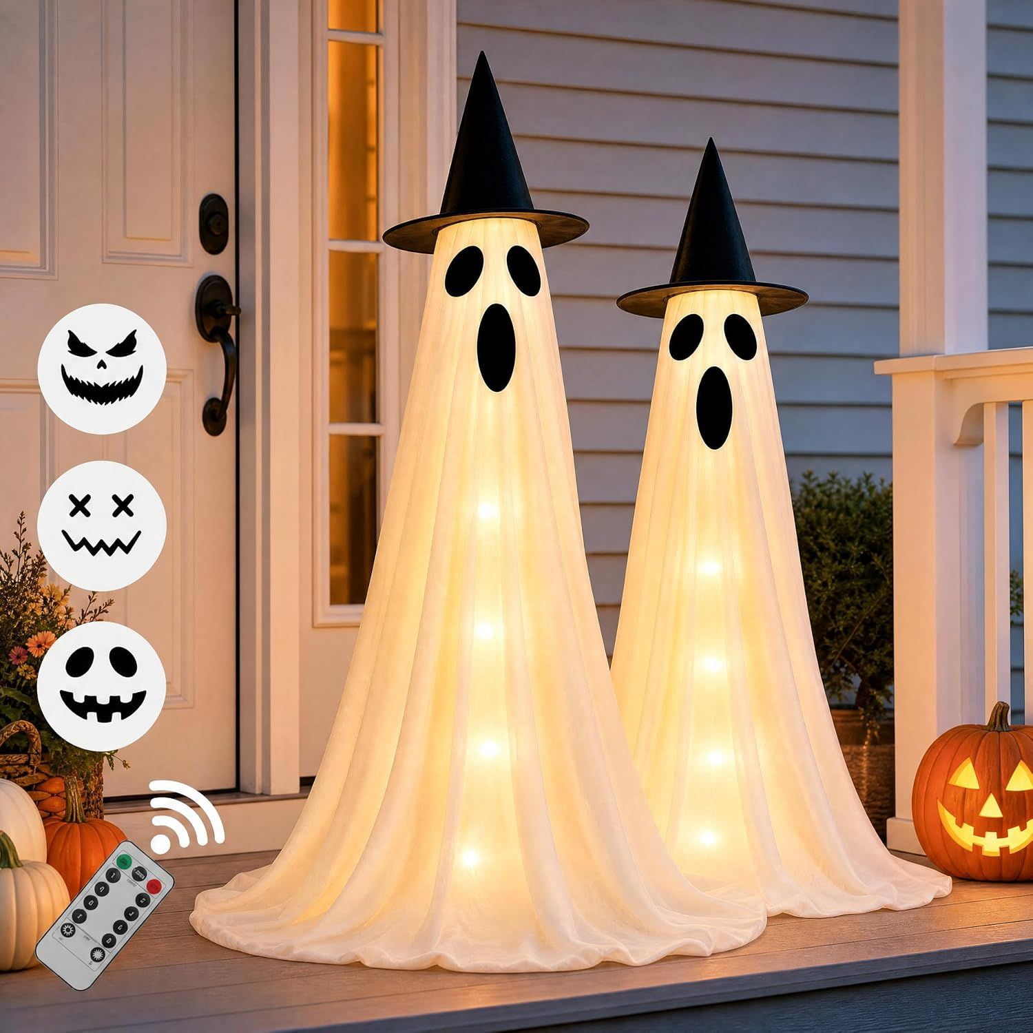 Lighted Halloween Ghost Decoration, 2-Piece Set with Adjustable Height 43-63 in, 6 Lighting Modes, Timer, Remote, Interchangeable Face Stickers, Indoor Outdoor Yard Decor