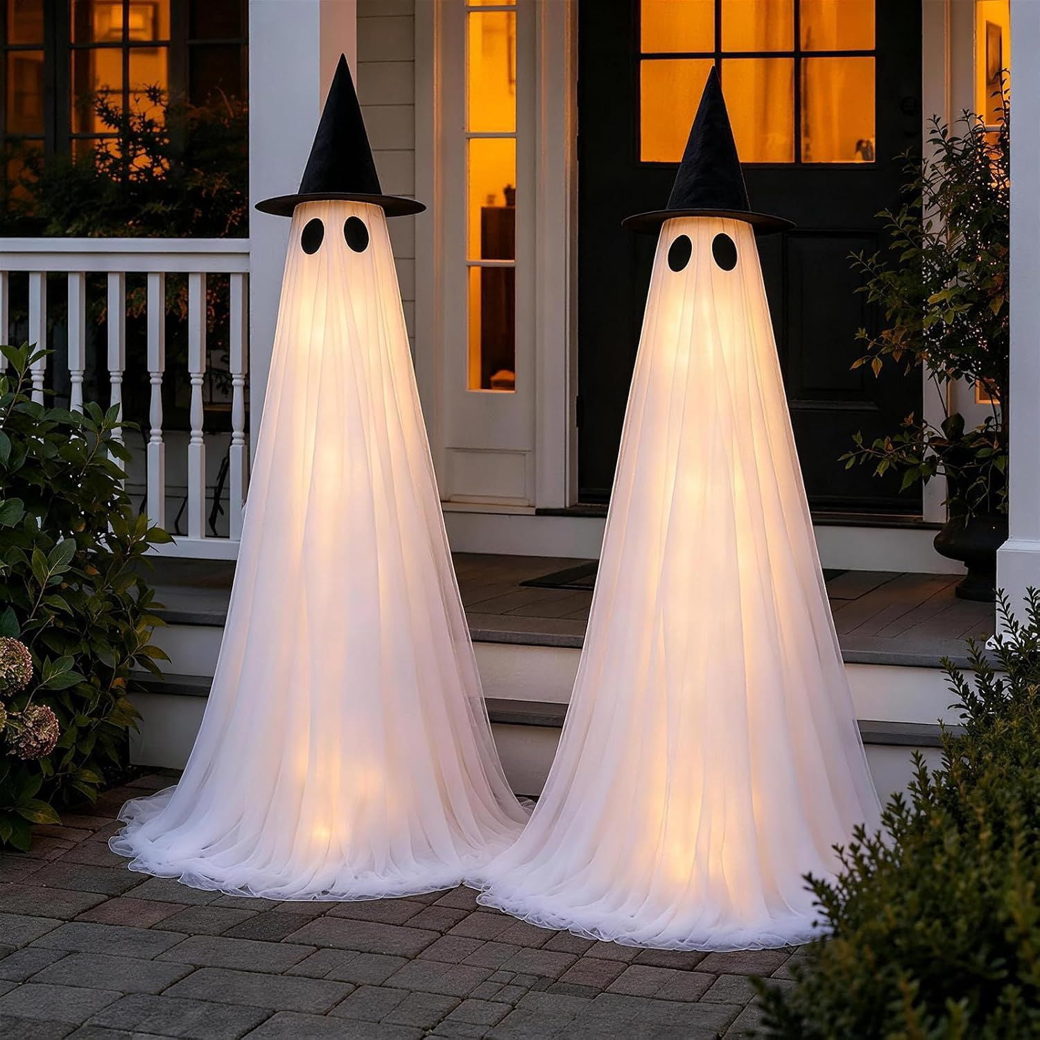 Lighted Halloween Ghost Decorations, 2 Pack, 5 ft Tall, 8 Lighting Modes with Timer, Battery or USB Powered, Porch and Lawn Outdoor Holiday Decor