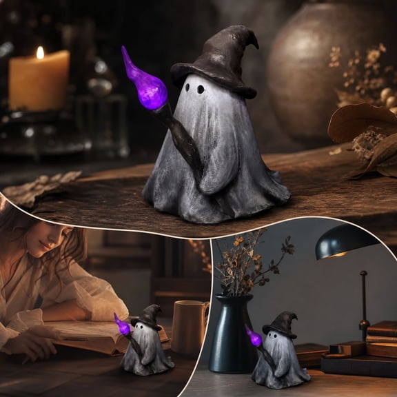 Lighted Halloween Ghost Wizard Figurine with Glowing Magical Staff, Light Up Purple LED Resin Ghost Statue, Gothic Spooky Tabletop Decor for Home Room Halloween Party Decoration