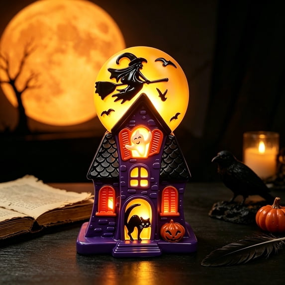 Lighted Halloween Haunted House Resin Figurine with Flying Witch, Ghost, Black Cat Statue Indoor Mantel Shelf Ornament for Halloween Home Party Decoration Halloween Night Light Gift