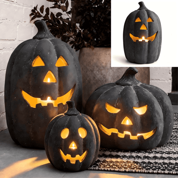 Lighted Halloween Pumpkin Decor Jack O Lantern, Handmade Resin Pumpkin with Battery Flameless Candle, Autumn Fall Decoration for Front Porch, Tabletop Centerpiece and Home