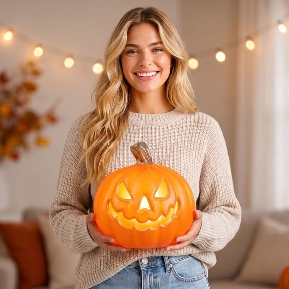 Lighted Halloween Pumpkin Decor, Resin Tabletop Pumpkin Statue Spooky Carved Cutout Face Accent Decor Supply Feature Element for Fireplace Mantel, Table Display.