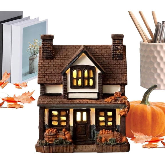 Lighted Halloween Pumpkin House Decor, Cozy Autumn Harvest Miniature Cottage Night Light, Fall Vintage Farmhouse Glowing Tabletop Centerpiece Decor