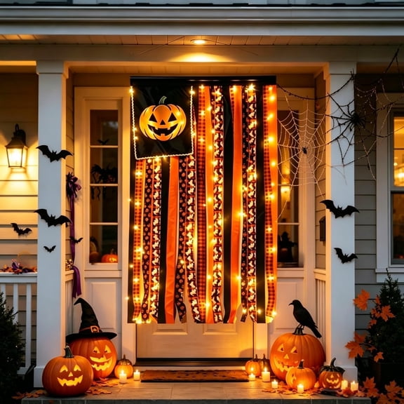 Lighted Halloween Rag Flag Banner, Farmhouse Pumpkin Ribbon Wall Hanging, Halloween Porch Decor for Front Door, Mantel, Wall, Outdoor Seasonal Decoration (pumpkin with light)