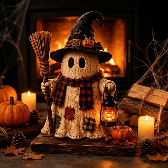 Lighted Halloween Resin Figurines, Cute Ghost Skeleton Mummy and Pumpkin Tabletop Centerpiece, Indoor Decoration for Home Mantel Shelf Desk and Spooky Party Display, C