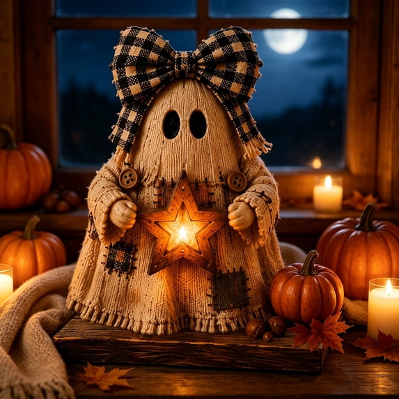 Lighted Halloween Resin Figurines, Cute Ghost Skeleton Mummy and Pumpkin Tabletop Centerpiece, Indoor Decoration for Home Mantel Shelf Desk and Spooky Party Display, D