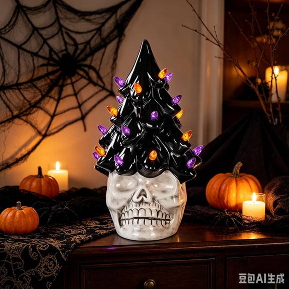 Lighted Halloween Tree Figurine with LED Bulbs, Glowing Pumpkin Ghost Skull Base Spooky Table Lamp, Cute Gothic Halloween Decoration for Mantel Shelf Tabletop Party Home Display
