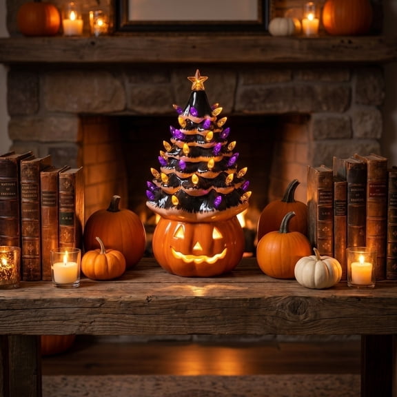 Lighted Halloween Tree Figurine with LED Bulbs, Glowing Pumpkin Ghost Skull Base Spooky Table Lamp, Cute Gothic Halloween Decoration for Mantel Shelf Tabletop Party Home Display