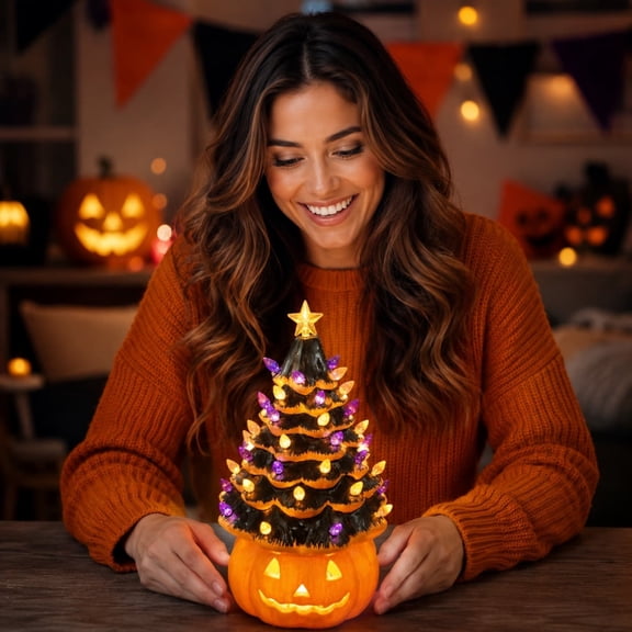 Lighted Halloween Tree with Pumpkin Base, Purple Orange LED Spooky Tree Decor, Glow Tabletop Ornament for Party Mantel Shelf Display