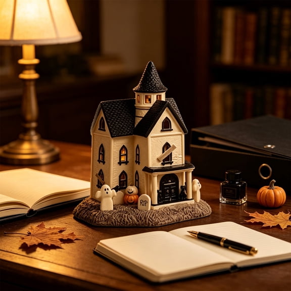 Lighted Halloween Village House Figurine, LED Glowing Spooky Mansion Statue with Ghost Pumpkin Tombstone, Button Battery Operated Resin Tabletop Decoration for Halloween Home Party