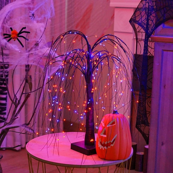 Lighted Halloween Willow Tree Tabletop Decor, Purple & Orange LED Spooky Branch Lamp for Mantel Shelf Desk Indoor Party Display, USB/Battery Operated