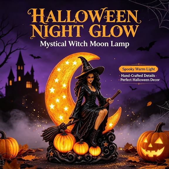 Lighted Halloween Witch Moon Lamp Resin Figurine, LED Pumpkin Witch Table Decor for Indoor Halloween Home Party Decoration