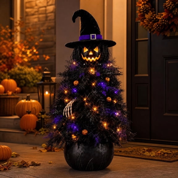 Lighted Halloween Witch Tree,12 In Acrylic Tree with Warm Lights,Pumpkin Heads and Witch Hats,Porch,Mantel,Tabletop Decor