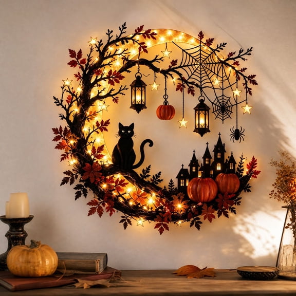 Lighted Halloween Wreath for Front Door, Crescent Moon Black Cat Wreath with Pumpkin, Spider Web, Castle and Warm LED Lights, Fall Harvest Halloween Wall Hanging Decor