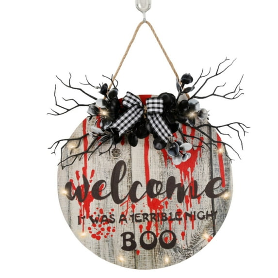 Lighted Halloween Wreath for Front Door, Ghost Welcome Sign Door,LED Lighted Wall Decor Battery Operated for Fall Halloween Indoor Outdoor