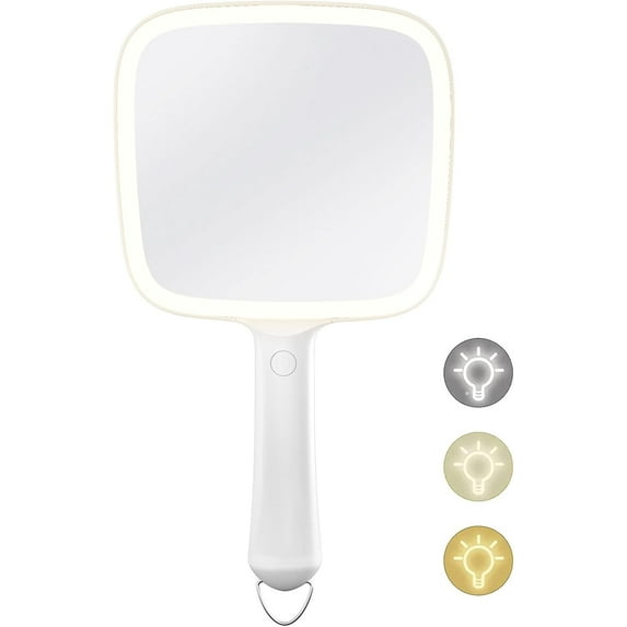Lighted Handheld Mirror with 3 Light Color and Dimmable, 6.2'' X 5.9'' Makeup Mirror, Wide Viewing Angle, Lightweight & Durable, 4 AAA Battery, Versatile & Hangable for Makeup Application (White)