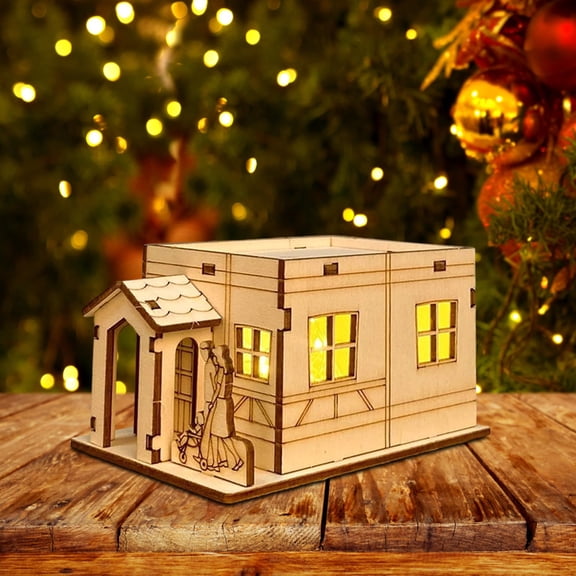 Lighted Handmade Wooden Christmas Village House Kit - DIY Craft Decoration for Home, Tabletop, Hand-Assembled Design with LED Lights, Durable Wood Material, Perfect Holiday Craft Project, D