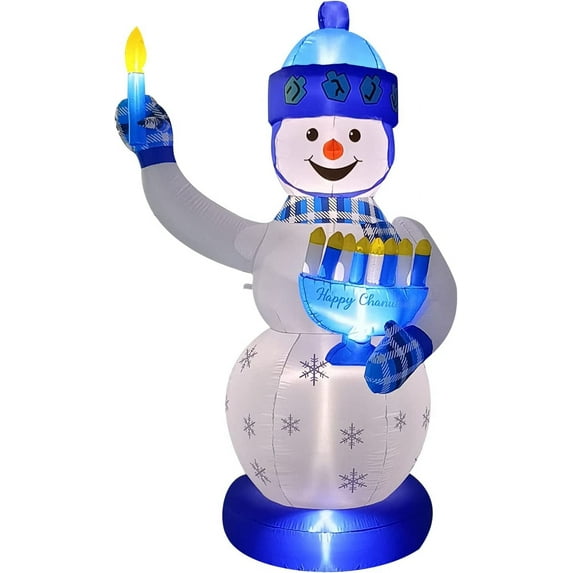 Lighted Hanukkah Inflatable Yard Decoration Huge 7' Ft Tall Snowman Blowup Decorated in a Chanukah Theme Menorah and Candle Indoor and Outdoor Hanukkah Holiday Yard Décor by Zion Judaica