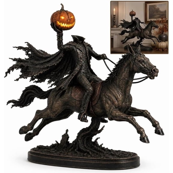 Lighted Headless Horseman Statue, LED Pumpkin Horse Halloween Decor Spooky Gothic Fantasy Figurine with Warm LED Glow Perfect for Halloween Mantel, Shelf, Tabletop and Home Decor.