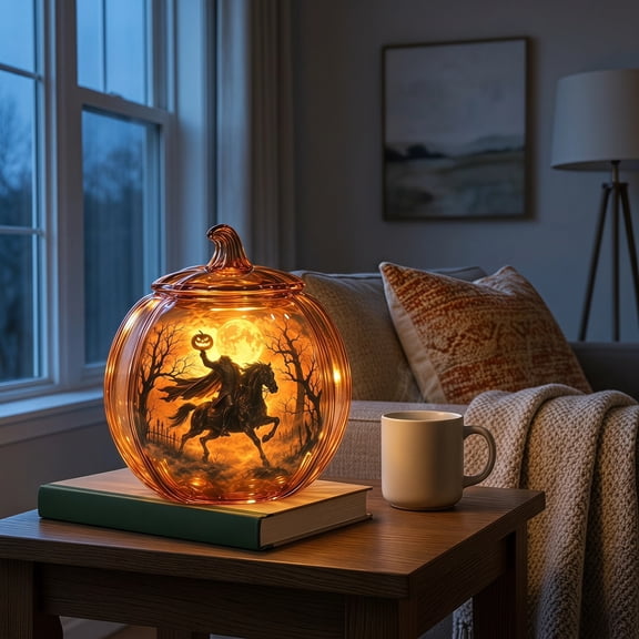 Lighted Headless Horseman Statue LED Pumpkin Horse Halloween Decor Spooky Gothic Fantasy Figurine with Warm LED Glow Perfect for Halloween Mantel Shelf Tabletop and Home Decor.