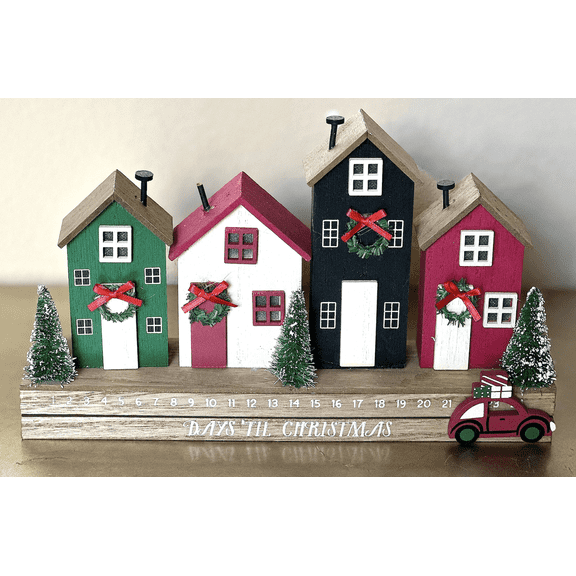 Lighted Holiday Countdown Calendar with Timer Wooden Row Houses Days Til Christmas Tabletop Decoration Rustic Farmhouse Christmas Village LED Dcor Battery Operated for Home Office
