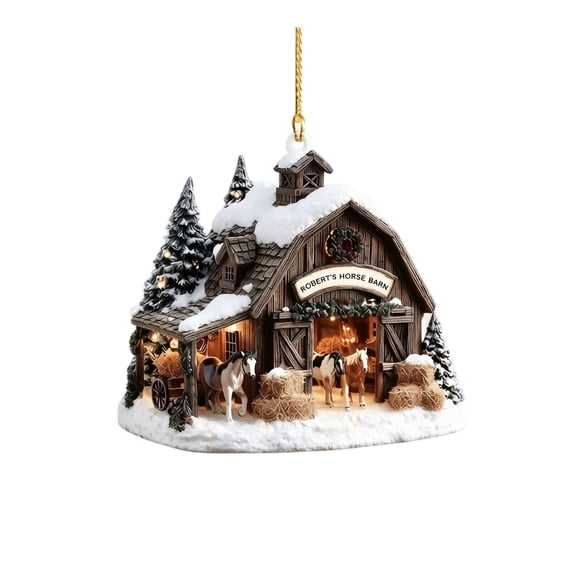 Lighted Horse Barn Christmas Ornament with Warm Led Lights and Snowy Pines, Single Piece, Rustic Brown, for Farmhouse Holiday Display, Festive Decoration