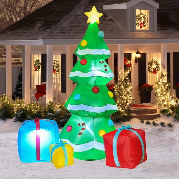 Lighted Inflatable Christmas Tree Decoration - 6.5ft Blow Up Christmas Tree with 3 Gift Box and Built-in LED Light for Christmas Party Yard Garden Decoration
