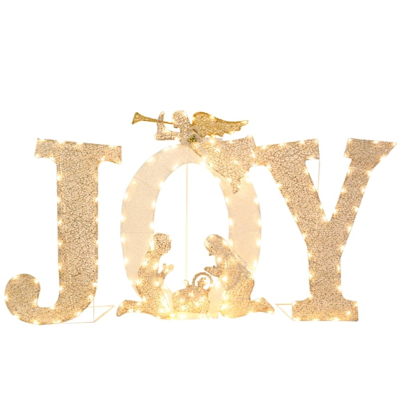 Lighted JOY Christmas Nativity Yard Sign,Tinsel Outdoor Lighted Holiday Display,Pre-lit Light Up With Warm LED Light,Angel & Holy Family Scene for Indoor Outdoor Holiday Decor