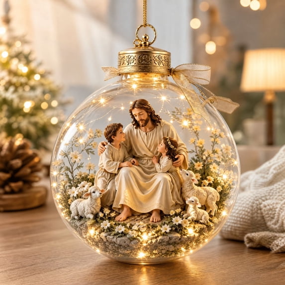 Lighted Jesus Acrylic Ball Christmas Ornament, Religious Hanging Decor with Bible Verse Tag, Christian Gift for Christmas Tree and Tabletop Display