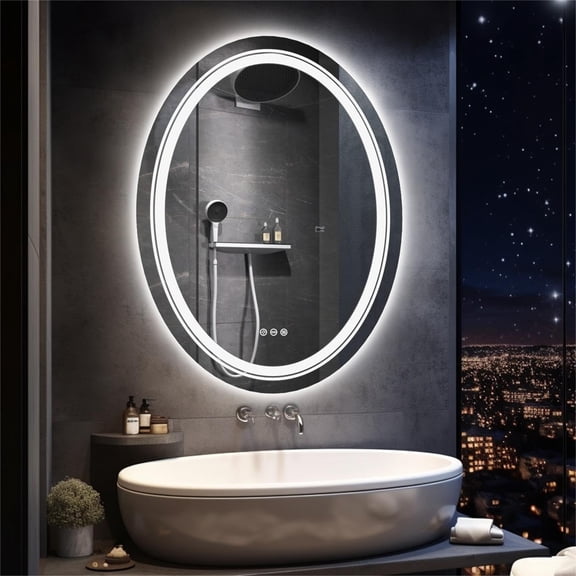 Lighted LED Bathroom Mirror: 28x20 Oval Wall Mounted Makeup Mirror with Backlit and Front Light - Modern Dimmable Smart Mirror Anti Fog with Touch Switch Sensor for Restroom Bedroom