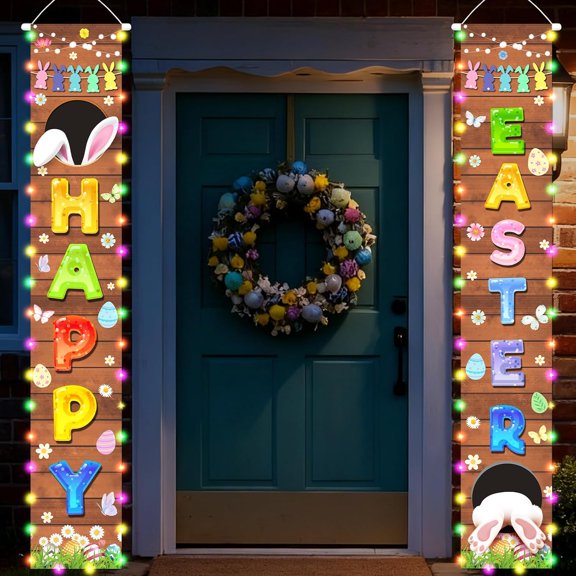 Lighted LED Easter Porch Banner Set 71 x 12 Inches Hanging Door Sign with Bunny Ears Eggs and Spring Flowers Indoor Outdoor Yard Doorway Wall Decoration