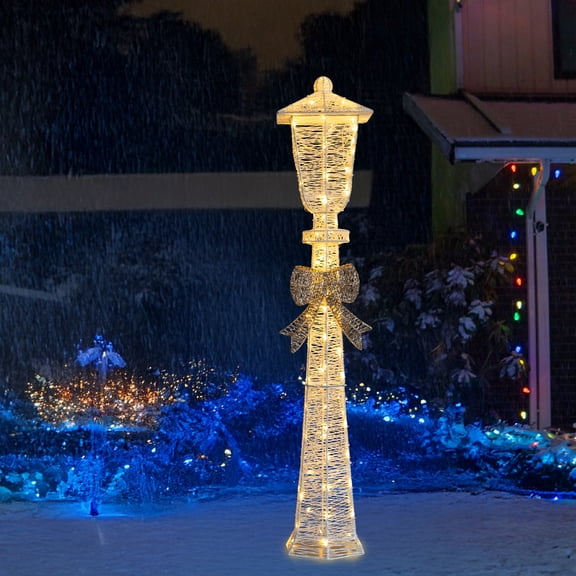 Lighted Lamp Post with Bowknot, 110 Warm White LED Christmas Decoration, White