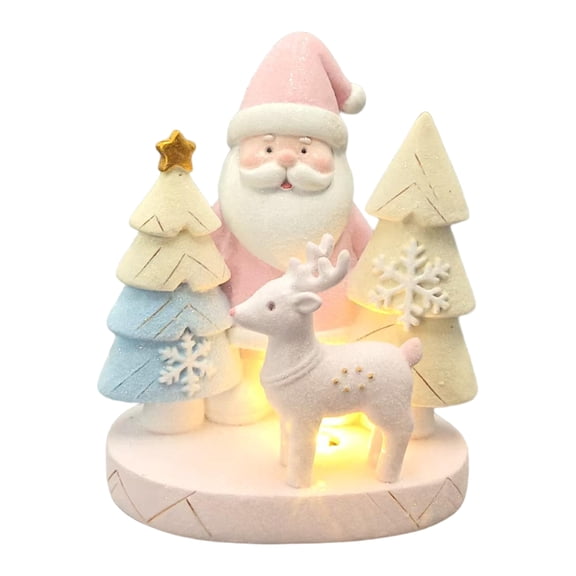 Lighted Macaron Santa and Reindeer Resin Figurine, 5.9" Pastel Pink Christmas Decor with Warm LED Lights, Glitter Flocked Cute Statue for Desktop Mantel Shelf Holiday Home Accent Gift