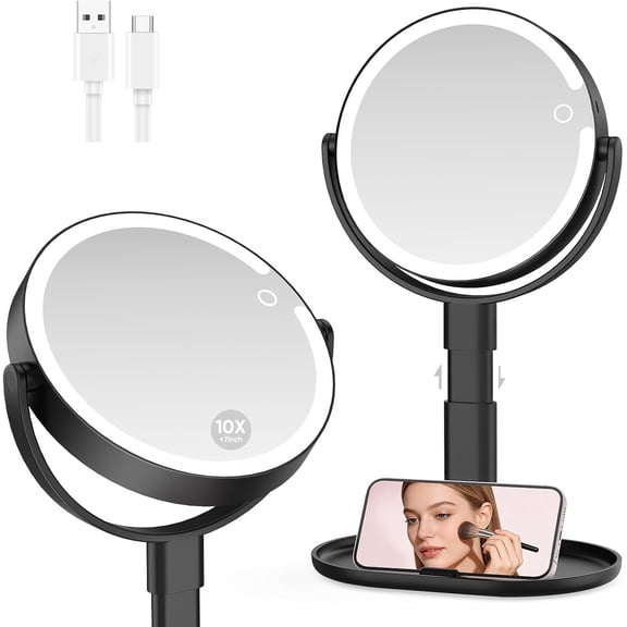 Lighted Makeup Mirror with 10X Magnification, Rechargeable LED Magnifying Mirror with 3 Lights, Adjustable Height, Storage Base and Phone Holder, Black, 7 inch