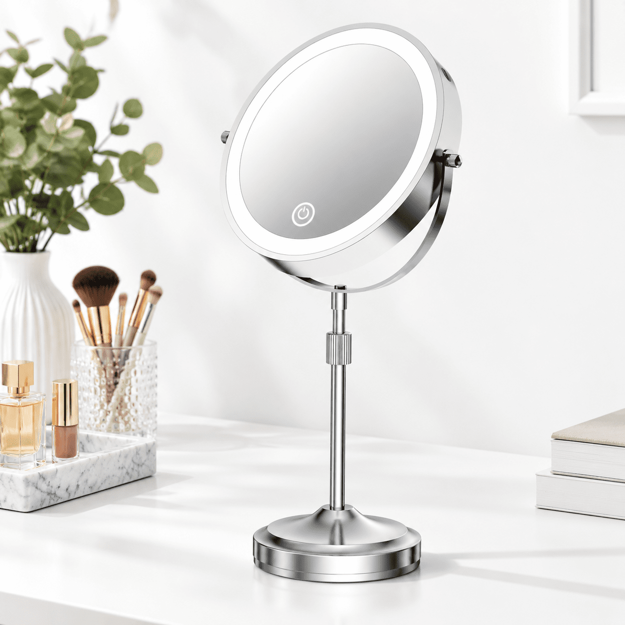 Lighted Makeup Mirror 10x Chrome Adjustable Height Cordless Vanity ...