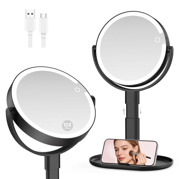 Lighted Makeup Mirror With 10x Magnification  Rechargeable Led Magnifying Vanity 3 Lights Adjustable Height Storage Base And Phone Holder Black 7 Inch